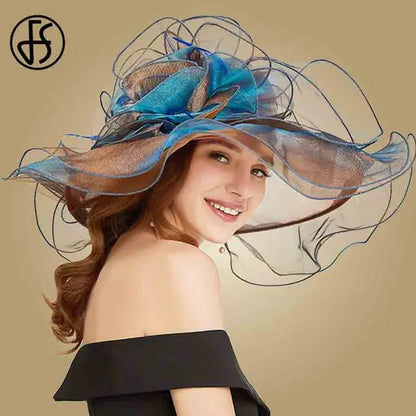 FS Big Flower Sun Hats For Women Beach Beige Organza Tea Party Hat Elegant Ladies Church Kentucky Derby Wide Brim Fedoras