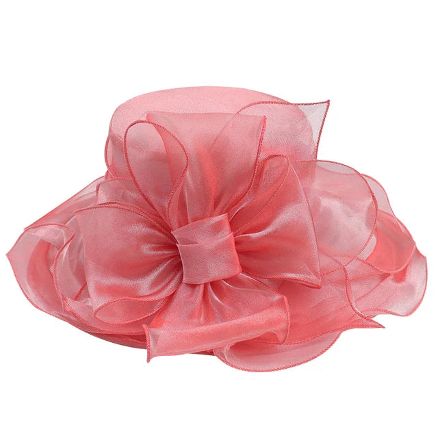 FS Organza Sun Wedding Hats For Women Elegant Fashion Derby Wide Brim Pink Hats Bowknot Fedoras Vintage Red Church Hat