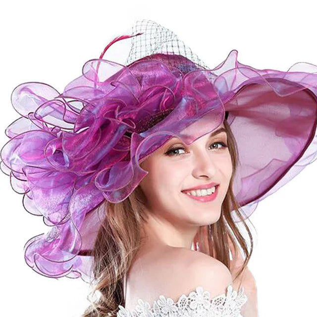 FS Purple Red Big Hats For Women Beach Wide Brim Fedora Elegant Church Hats Flower Kentucky Derby Large Sun Hat Ladies