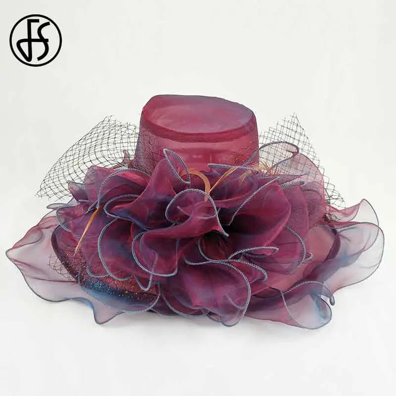 FS Purple Red Big Hats For Women Beach Wide Brim Fedora Elegant Church Hats Flower Kentucky Derby Large Sun Hat Ladies