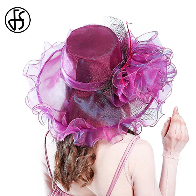 FS Purple Red Big Hats For Women Beach Wide Brim Fedora Elegant Church Hats Flower Kentucky Derby Large Sun Hat Ladies