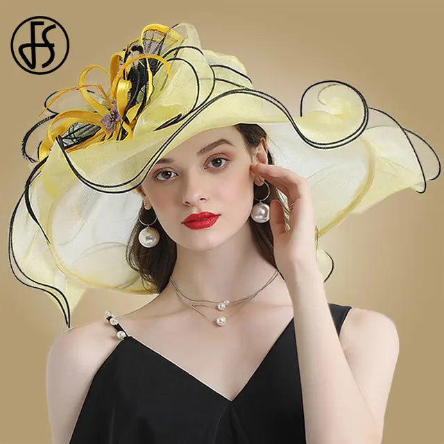 FS Wedding Bride Fascinator Hat For Women Ladies Kentucky Derby Organza Hats Tea Party Dress Large Wide Brim Fedoras Feather