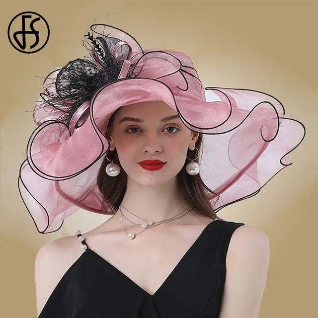 FS Wedding Bride Fascinator Hat For Women Ladies Kentucky Derby Organza Hats Tea Party Dress Large Wide Brim Fedoras Feather