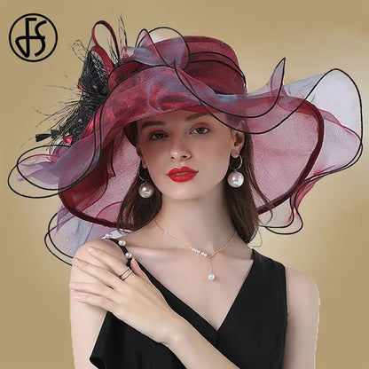 FS Wedding Bride Fascinator Hat For Women Ladies Kentucky Derby Organza Hats Tea Party Dress Large Wide Brim Fedoras Feather