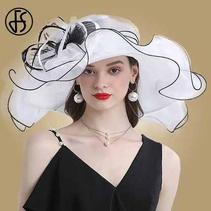 FS Wedding Bride Fascinator Hat For Women Ladies Kentucky Derby Organza Hats Tea Party Dress Large Wide Brim Fedoras Feather