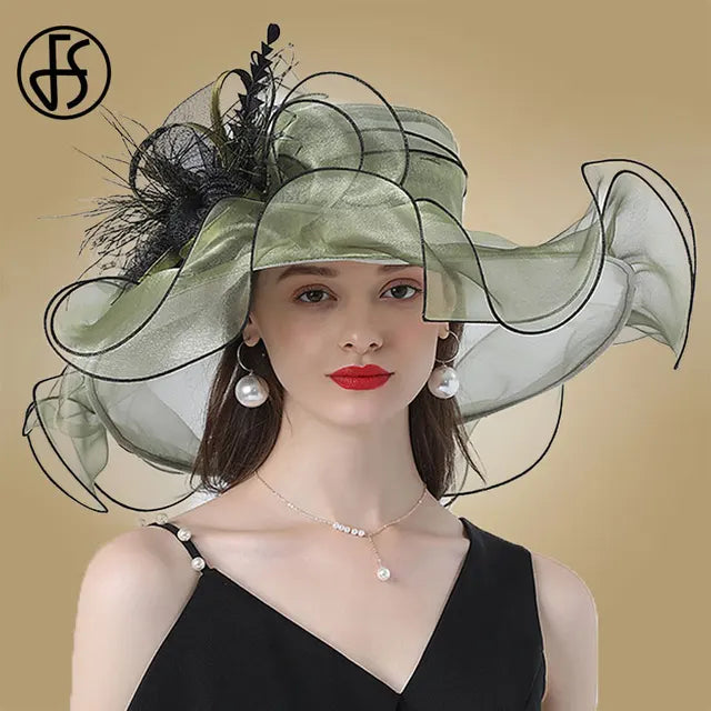 FS Wedding Bride Fascinator Hat For Women Ladies Kentucky Derby Organza Hats Tea Party Dress Large Wide Brim Fedoras Feather