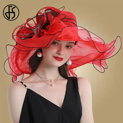 FS Wedding Bride Fascinator Hat For Women Ladies Kentucky Derby Organza Hats Tea Party Dress Large Wide Brim Fedoras Feather