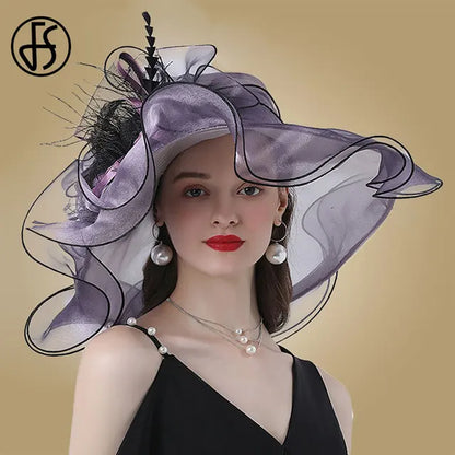 FS Wedding Bride Fascinator Hat For Women Ladies Kentucky Derby Organza Hats Tea Party Dress Large Wide Brim Fedoras Feather