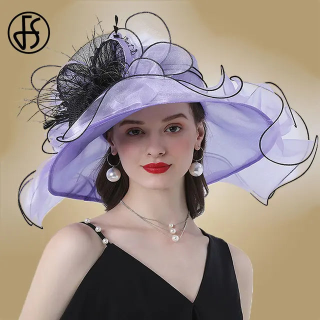 FS Wedding Bride Fascinator Hat For Women Ladies Kentucky Derby Organza Hats Tea Party Dress Large Wide Brim Fedoras Feather