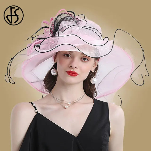 FS Wedding Bride Fascinator Hat For Women Ladies Kentucky Derby Organza Hats Tea Party Dress Large Wide Brim Fedoras Feather