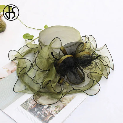 FS Wedding Bride Fascinator Hat For Women Ladies Kentucky Derby Organza Hats Tea Party Dress Large Wide Brim Fedoras Feather