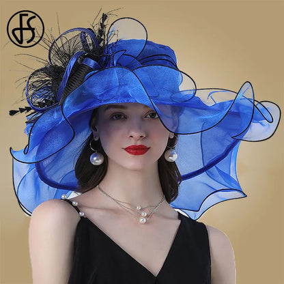 FS Wedding Bride Fascinator Hat For Women Ladies Kentucky Derby Organza Hats Tea Party Dress Large Wide Brim Fedoras Feather