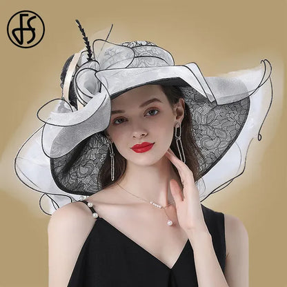 FS Wide Brim Big Hats For Women Sun Hats White Fedora Organza Party Hat Wedding Ladies Church Kentucky Derby Dress Cap