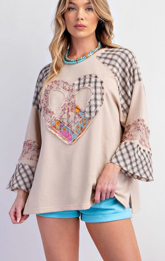 Floral Heart of Peace Print Patch Patchwork Long-Sleeved Sweatshirt