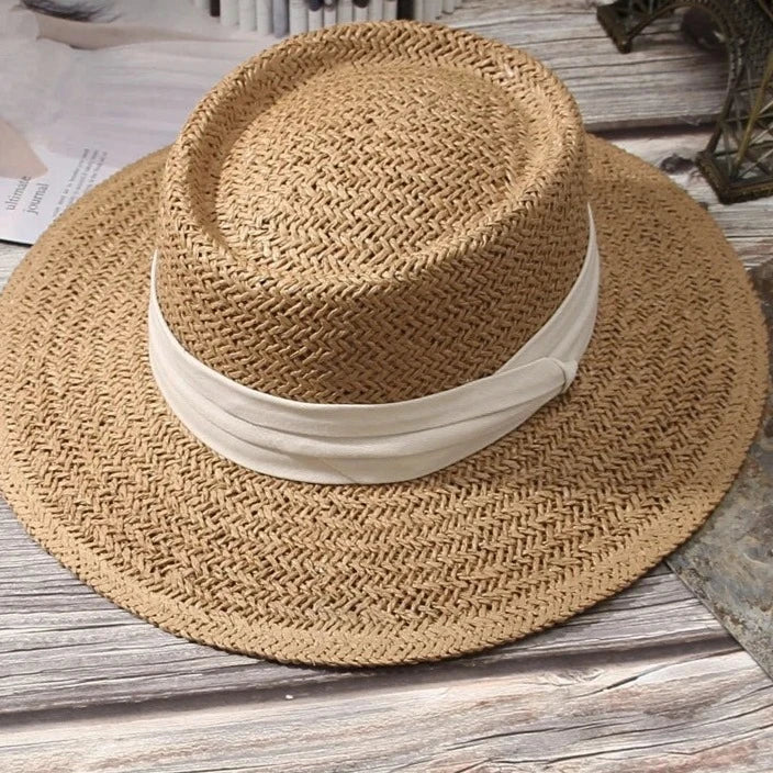 Ring Top Straw Hat Sun Protection Beach Hat with Flat Top Design