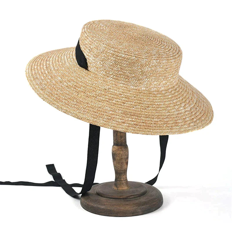 Flat Top Straw Beach Hat with Tie Top