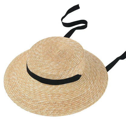 Flat Top Straw Beach Hat with Tie Top