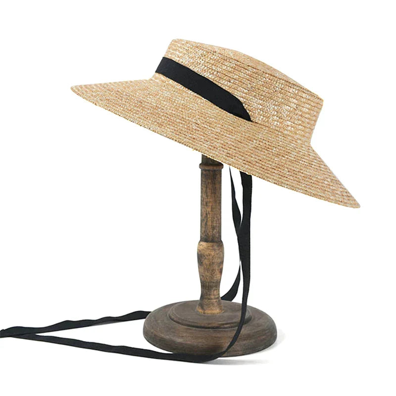 Flat Top Straw Beach Hat with Tie Top