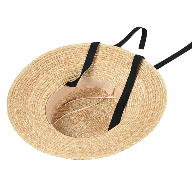 Flat Top Straw Beach Hat with Tie Top