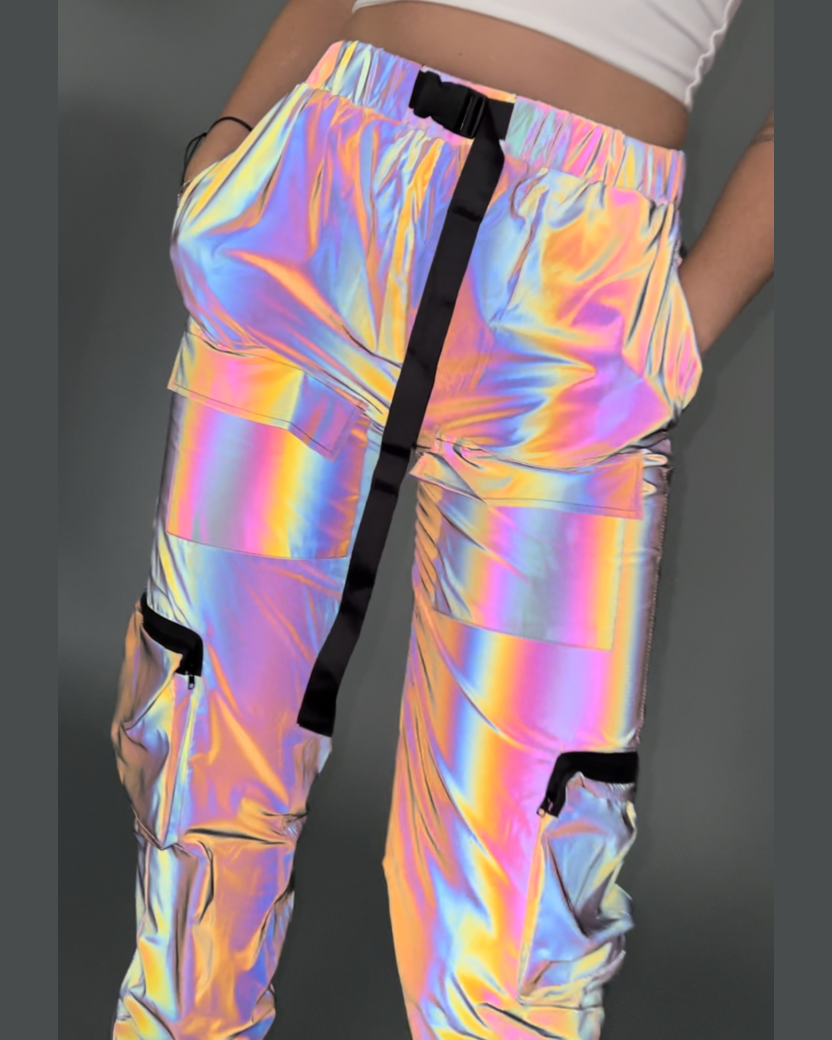 Holographic Reflective Cargo Parachute Pants