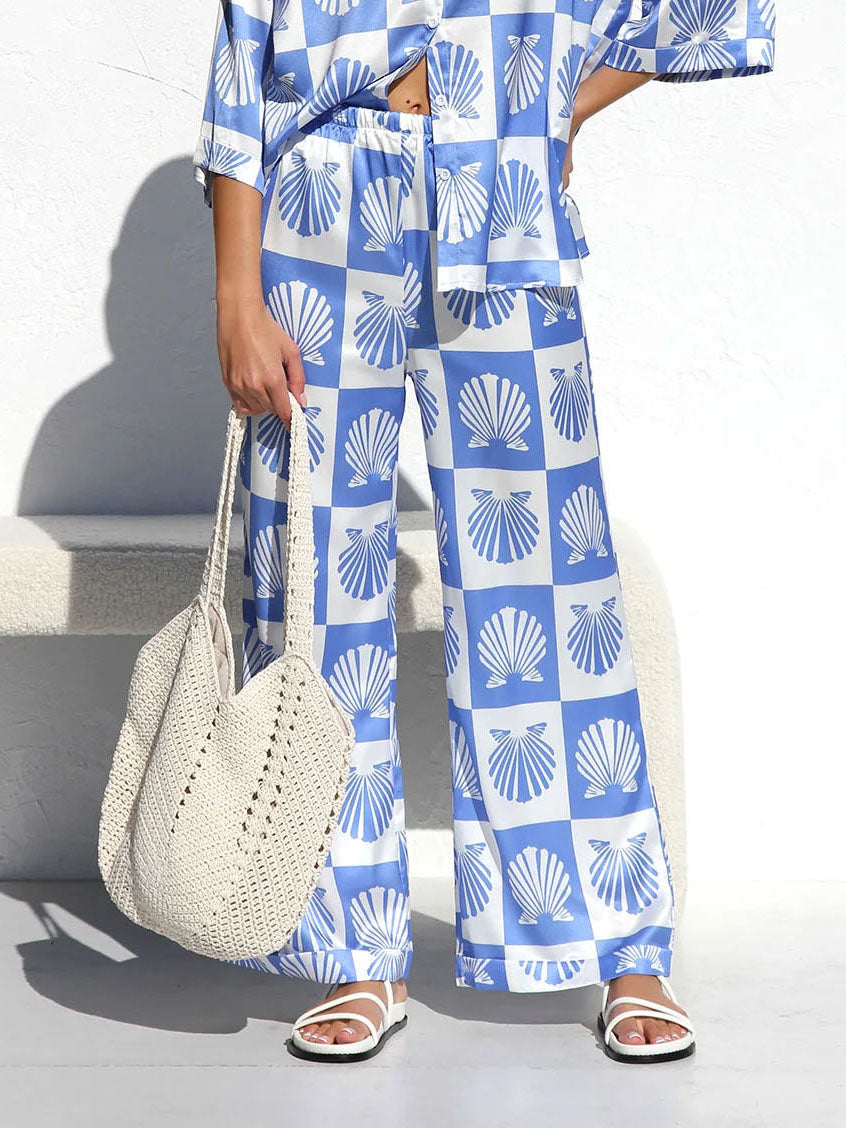 Special Satin Shell Print Wide Leg Pants Set