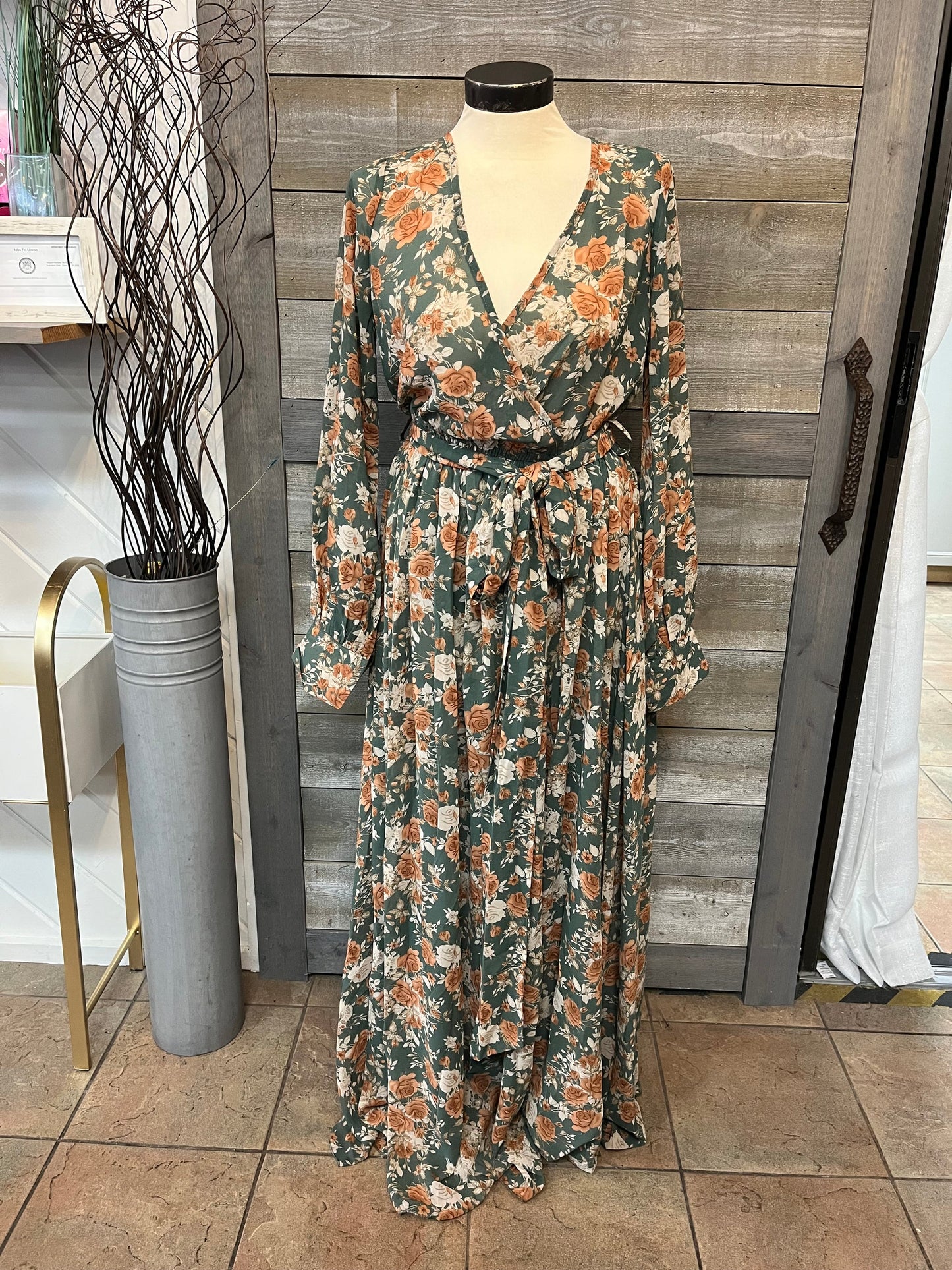 Long Green Dress with Burnt Orange Floral