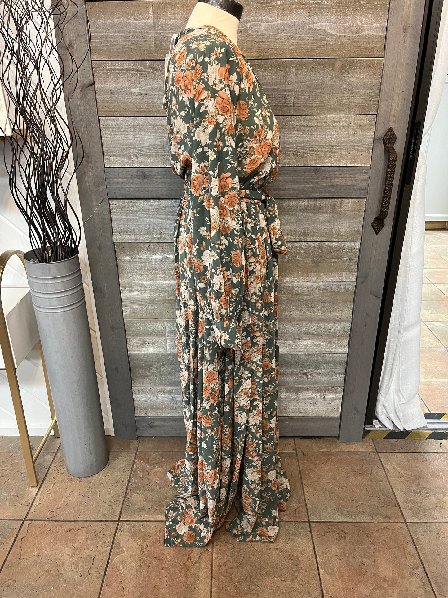 Long Green Dress with Burnt Orange Floral