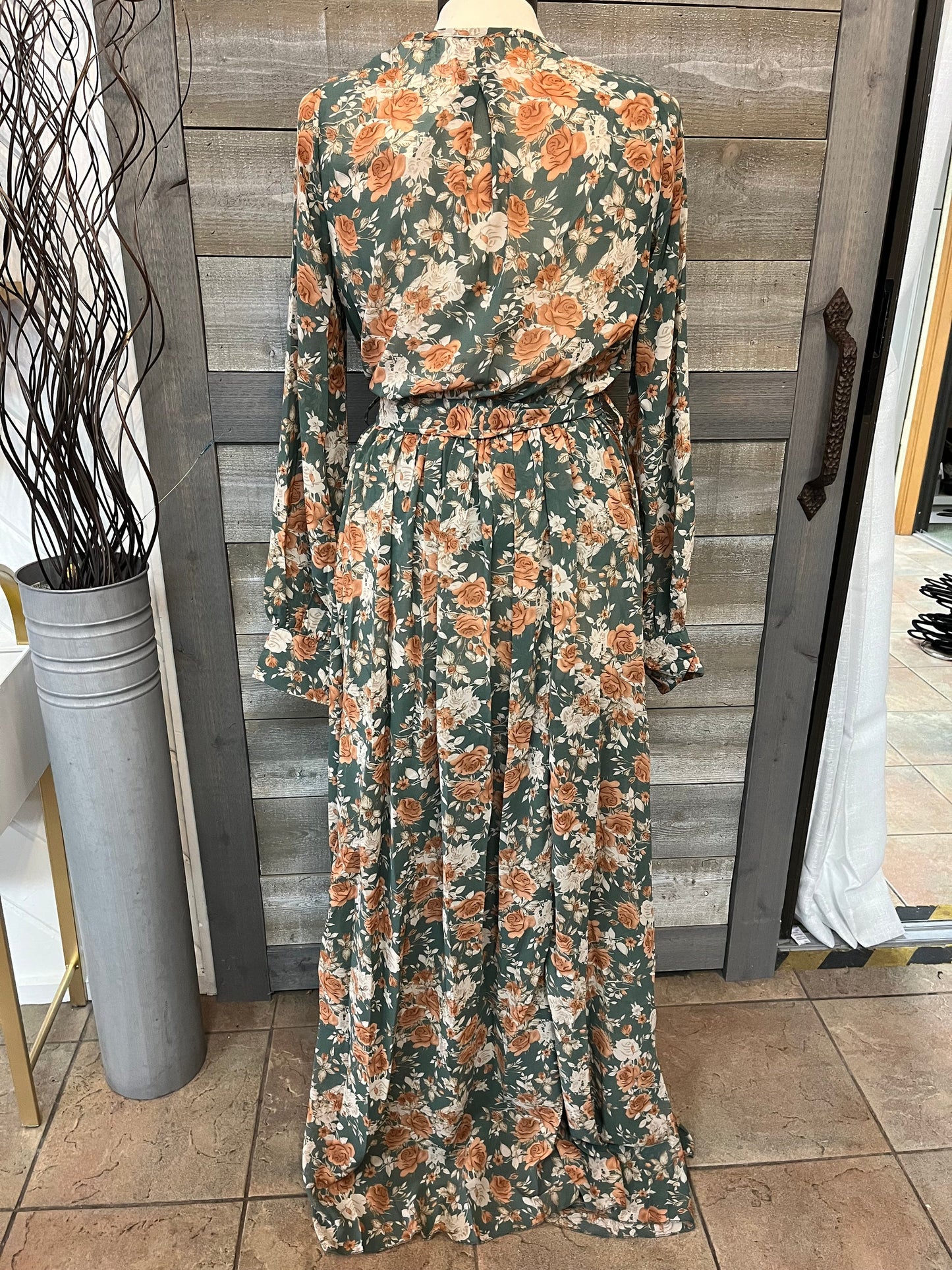 Long Green Dress with Burnt Orange Floral