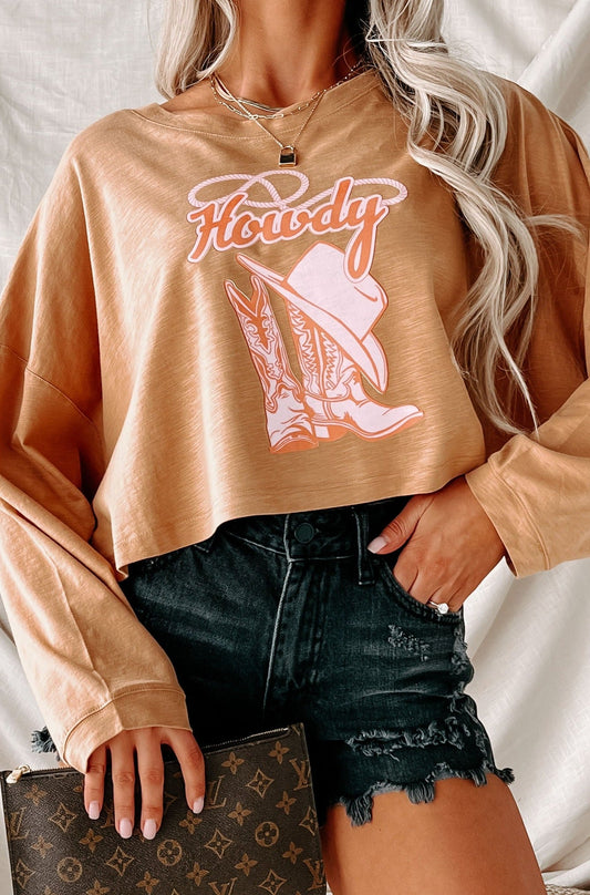 Howdy There Long Sleeve Graphic Crop Top