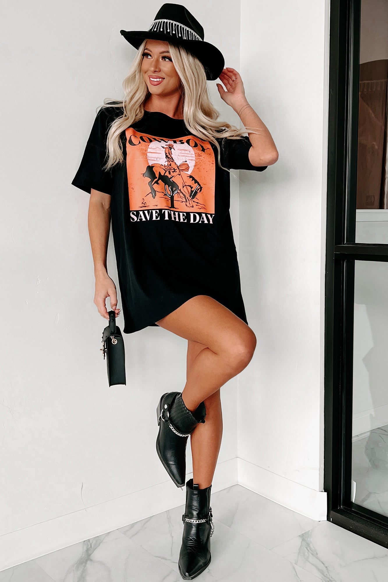 "Cowboy Save The Day" Oversized Graphic T-Shirt Dress (Black)