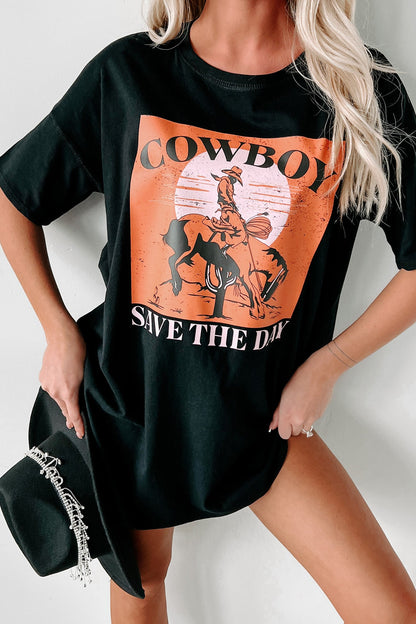 "Cowboy Save The Day" Oversized Graphic T-Shirt Dress (Black)