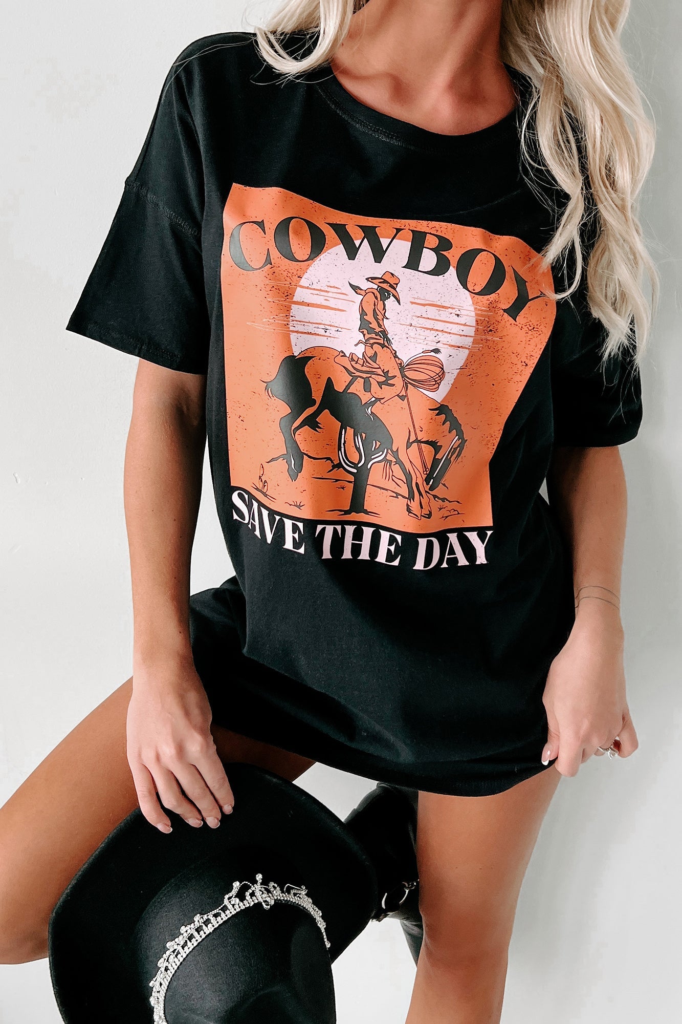 "Cowboy Save The Day" Oversized Graphic T-Shirt Dress (Black)