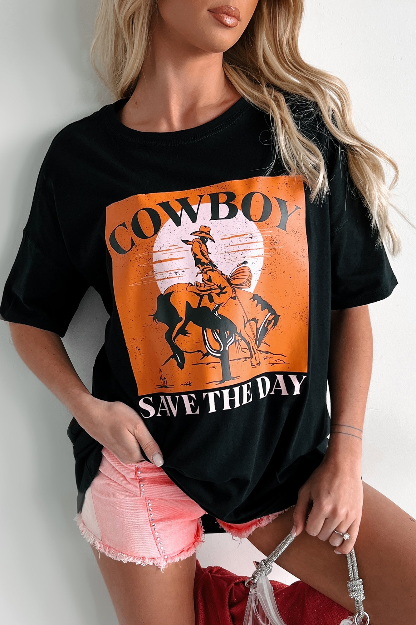 "Cowboy Save The Day" Oversized Graphic T-Shirt Dress (Black)