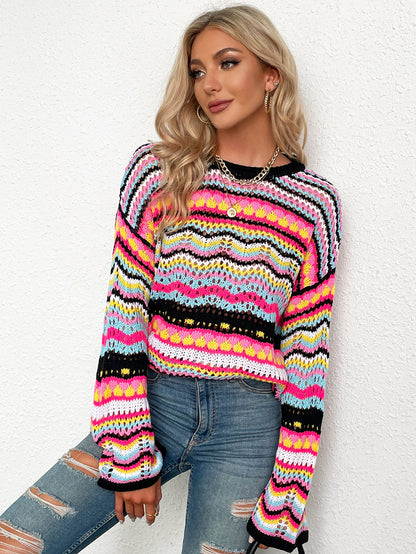 Mid-Color Crew Neck Striped Sweater