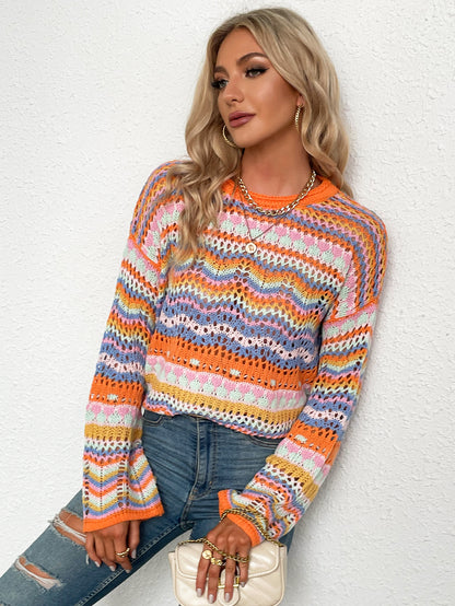 Mid-Color Crew Neck Striped Sweater