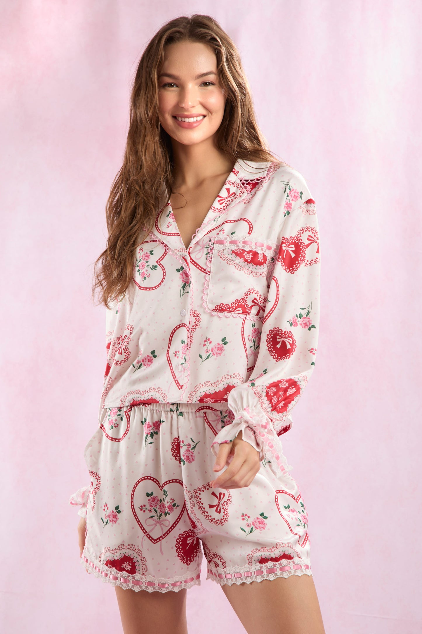 Floral Bouquet Heart Bow Lace Edge Pajama Set