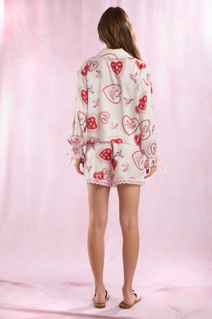 Floral Bouquet Heart Bow Lace Edge Pajama Set