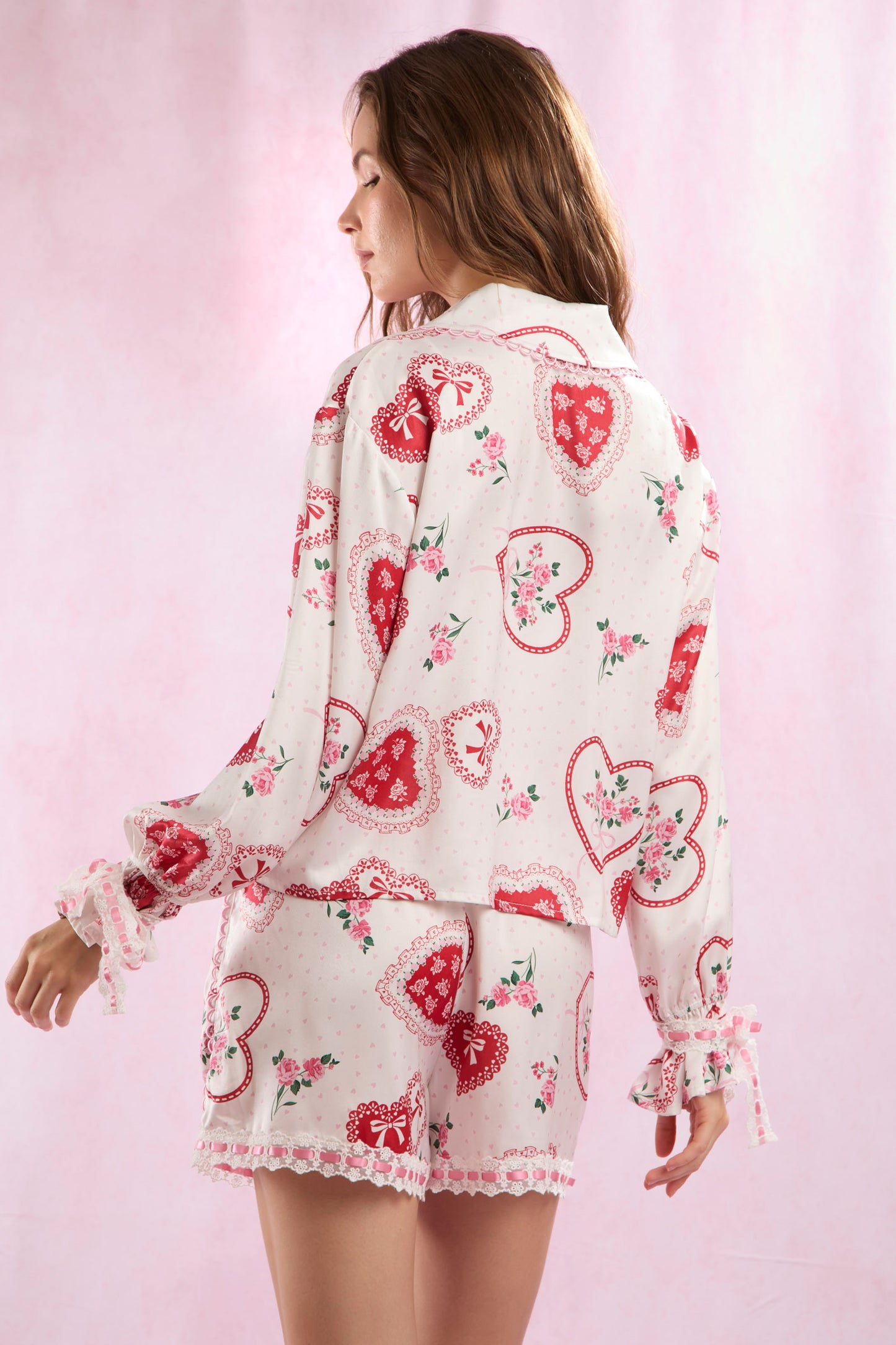 Floral Bouquet Heart Bow Lace Edge Pajama Set