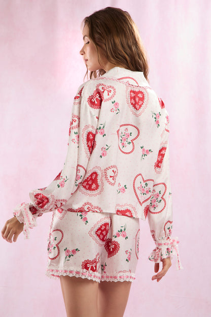 Floral Bouquet Heart Bow Lace Edge Pajama Set