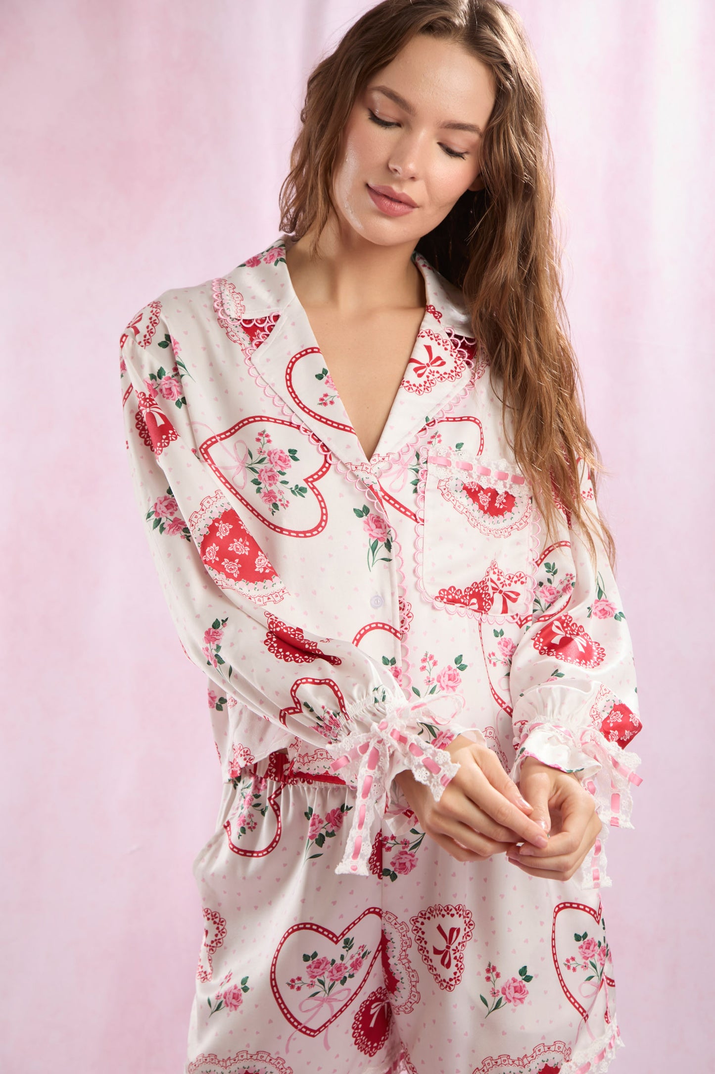 Floral Bouquet Heart Bow Lace Edge Pajama Set