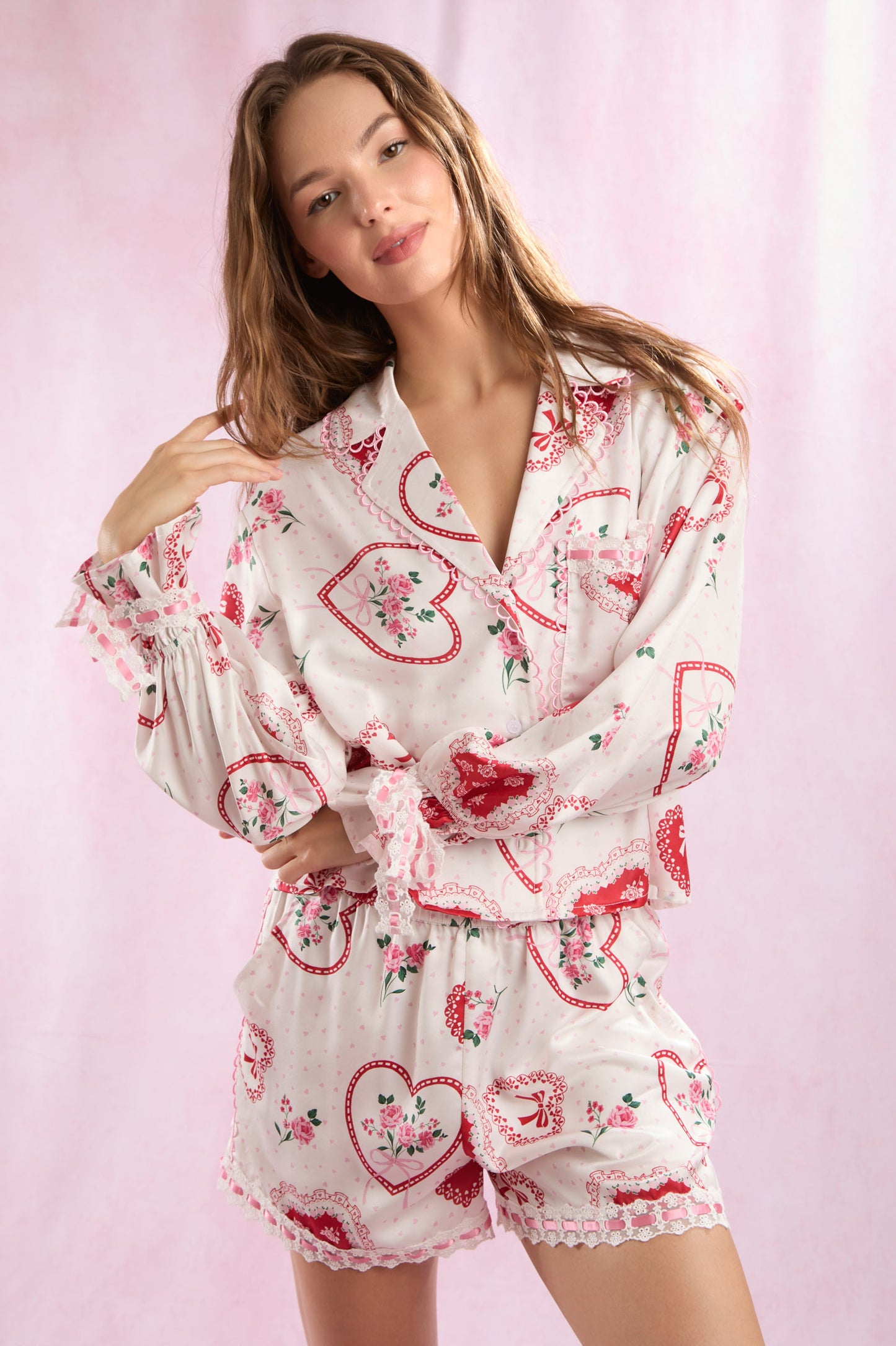 Floral Bouquet Heart Bow Lace Edge Pajama Set