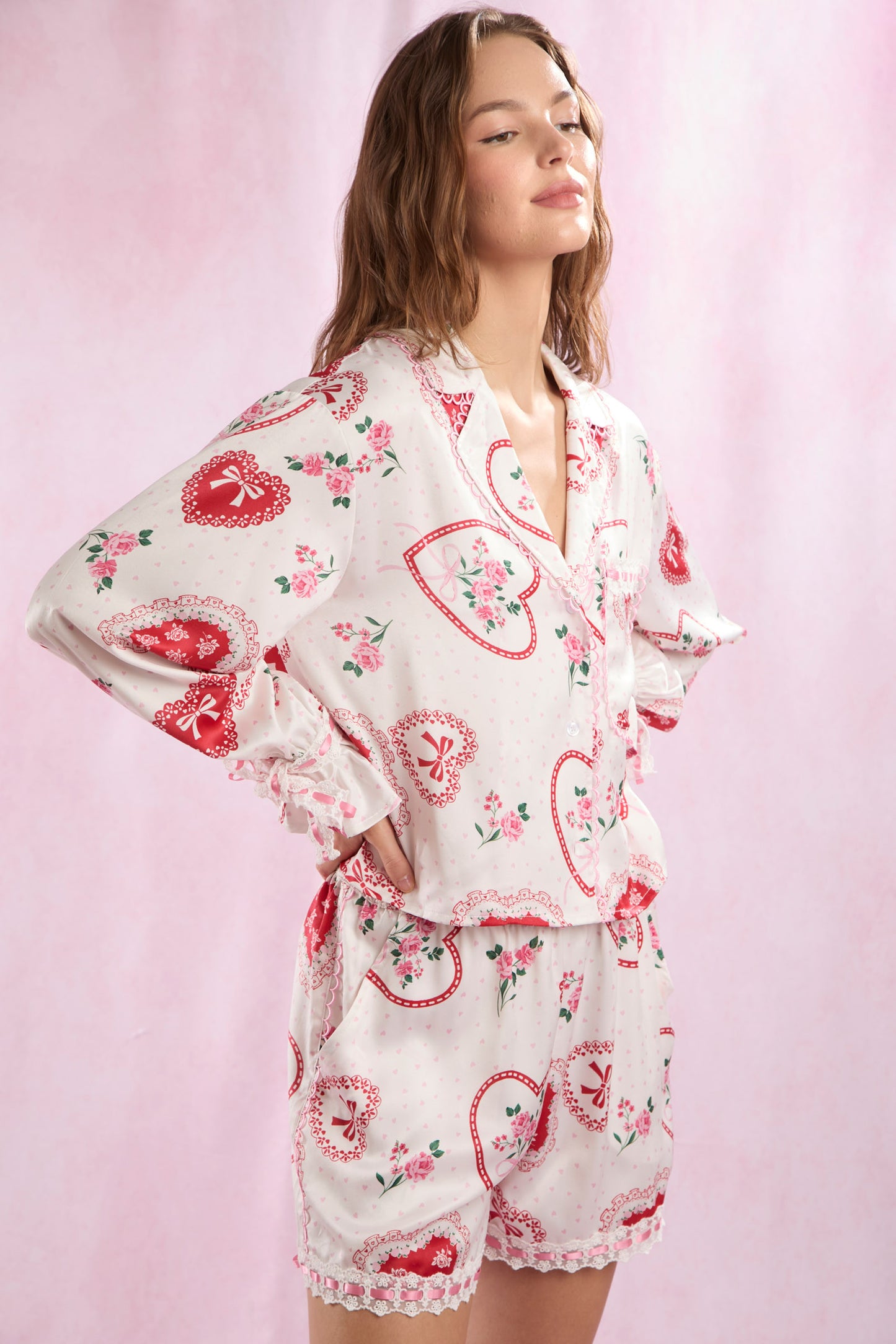 Floral Bouquet Heart Bow Lace Edge Pajama Set