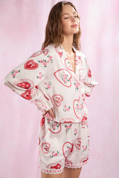 Floral Bouquet Heart Bow Lace Edge Pajama Set