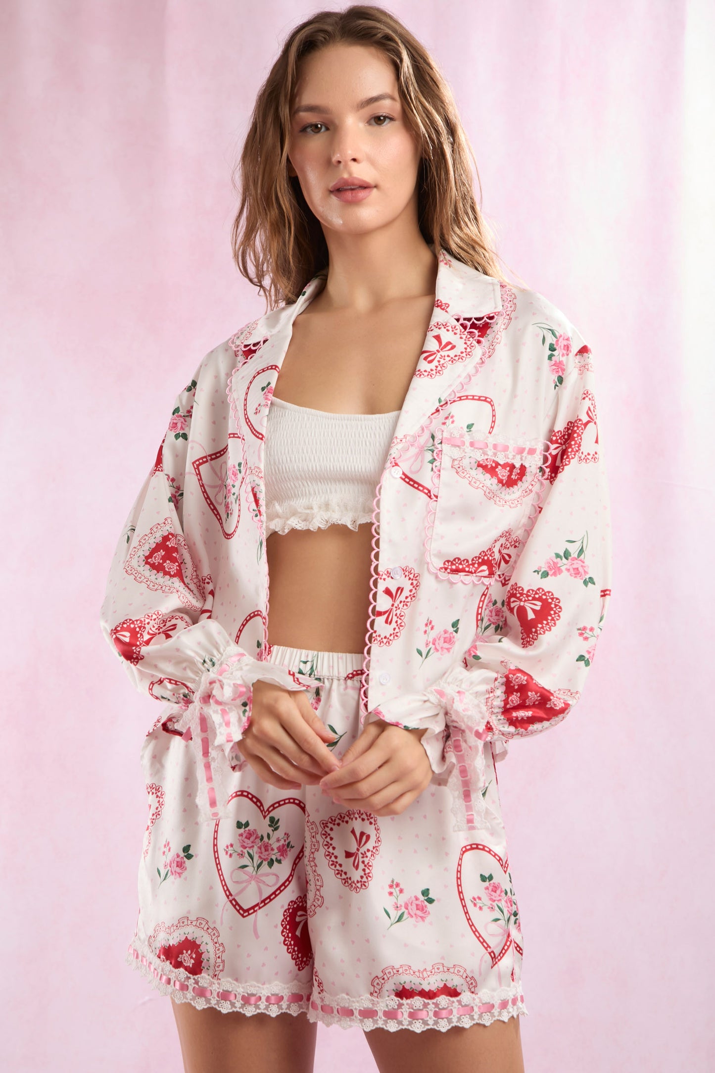 Floral Bouquet Heart Bow Lace Edge Pajama Set