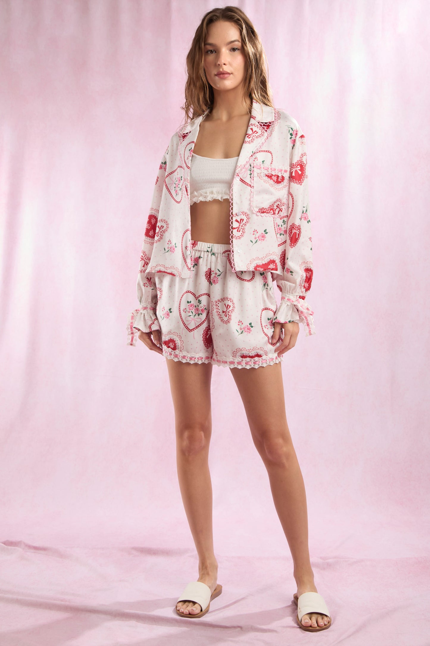 Floral Bouquet Heart Bow Lace Edge Pajama Set