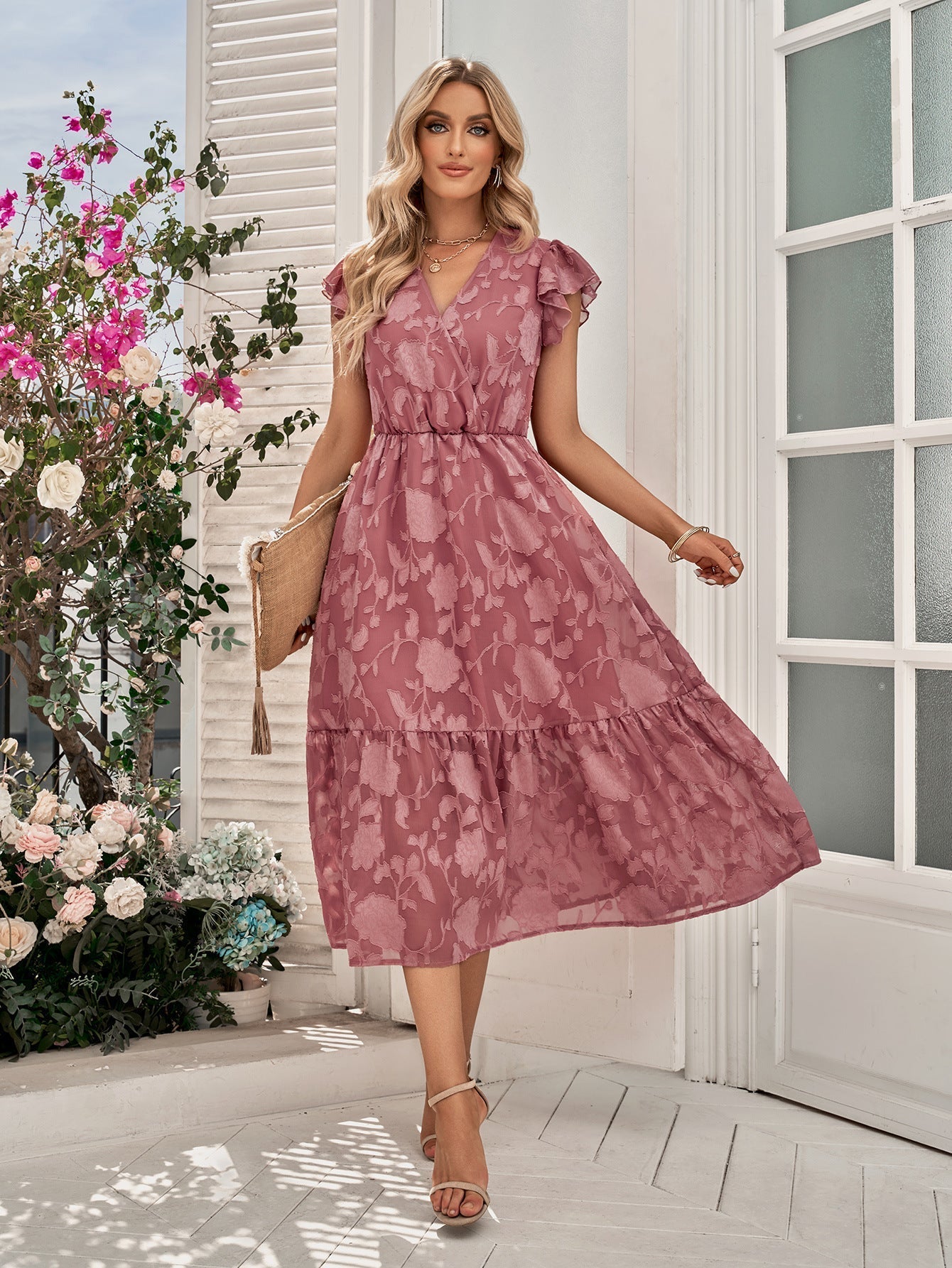 Rebecca V-Neck A-Line Floral Flutter Sleeve Midi Dress