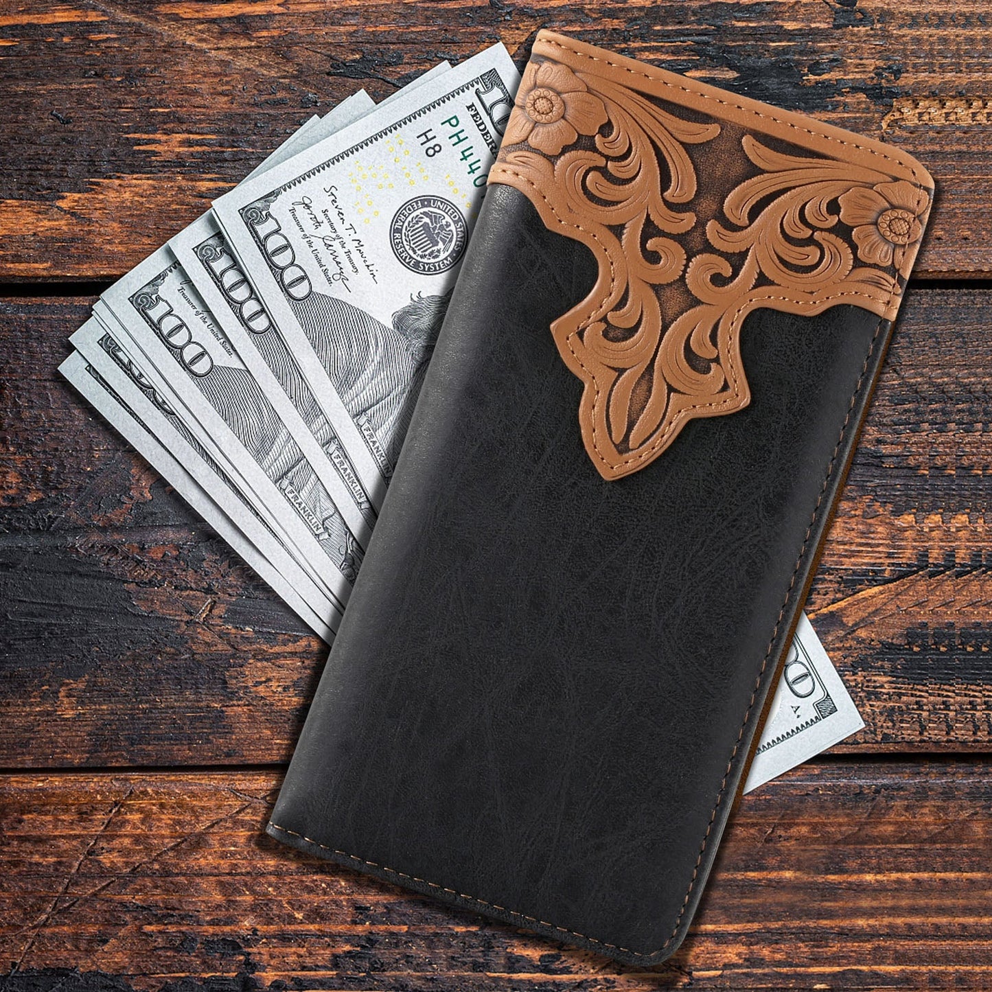 Embossed Vintage Floral  Men's Bifold Long PU Leather Wallet