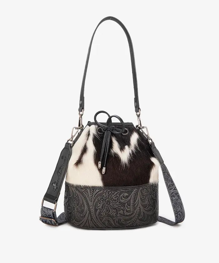 Montana West Cowhide Tooled Bucket Bag