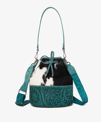 Montana West Cowhide Tooled Bucket Bag