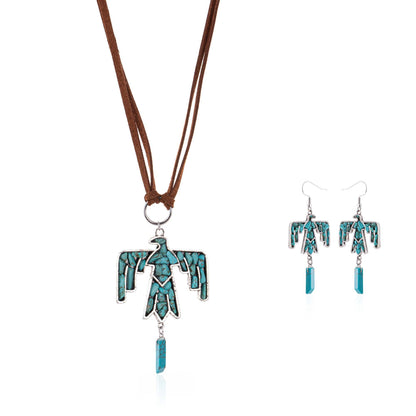 Wrangler Jewelry Sets Thunderbird Pendant Leather Necklace Earrings Set